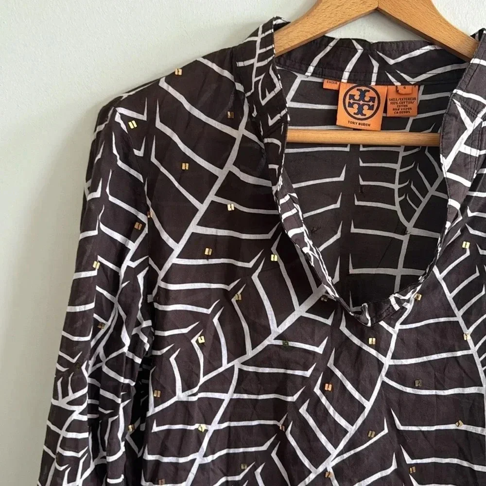 Tory Burch brown leaf Printed Cotton V-Neck Long Sleeve Tunic Top Blouse Size 6